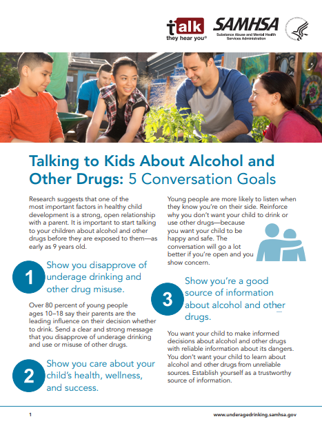 Colorful factsheet showing a photo of parents and teens at the top and then conversation goals numbered with blue number icons