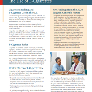 Adult smoking cessation - the use of e-cigarettes. Side one of factsheet showing two columns of text and an image of a provider in a white coat talking to a patient.