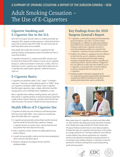 adult-smoking-cessation Adult smoking cessation - the use of e-cigarettes. Side one of factsheet showing two columns of text and an image of a provider in a white coat talking to a patient.