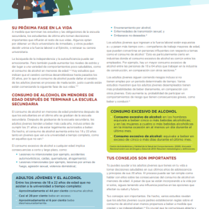 Front side of factsheet showing text on a white background with colorful callout boxes of additional information and an illustration of parents with a graduating child. Title is Despues de la escuela secundaria: Cómo hablar con tu adulto joven sobre el consumo de alcohol en lose menores de edad
