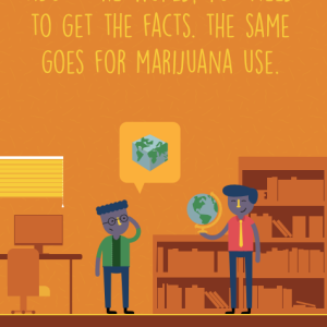Illustrated poster on an orange background showing one figure holding a globe in a library and another character with a thought bubble that shows a globe in the shape of a cube.
