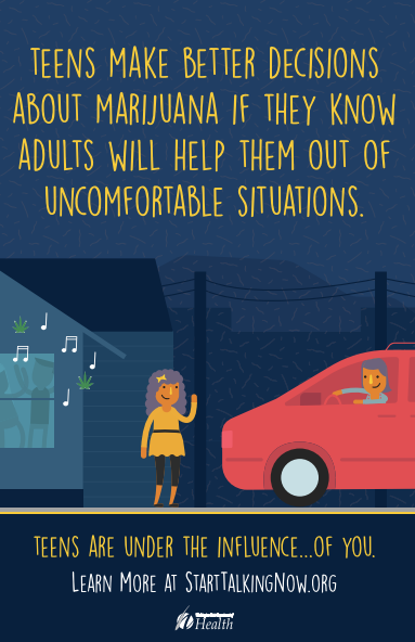 Colorful illustrated poster showing a parent waving at a teen in a car with the title "Teens make better decisions about marijuana if they know adults will help them out of uncomfortable situations"