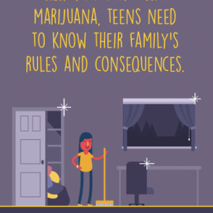 Colorful poster with an illustration of a youth holding a broom next to a desk and closet on a purple background