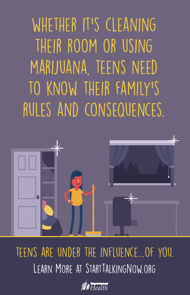 Colorful poster with an illustration of a youth holding a broom next to a desk and closet on a purple background