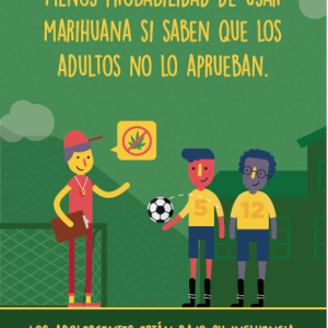 coach-poster-spanish Green poster with cartoon-style illustrations of a coach and two young players. The coach has a talk bubble above their head with a cannabis leaf with a red x through it