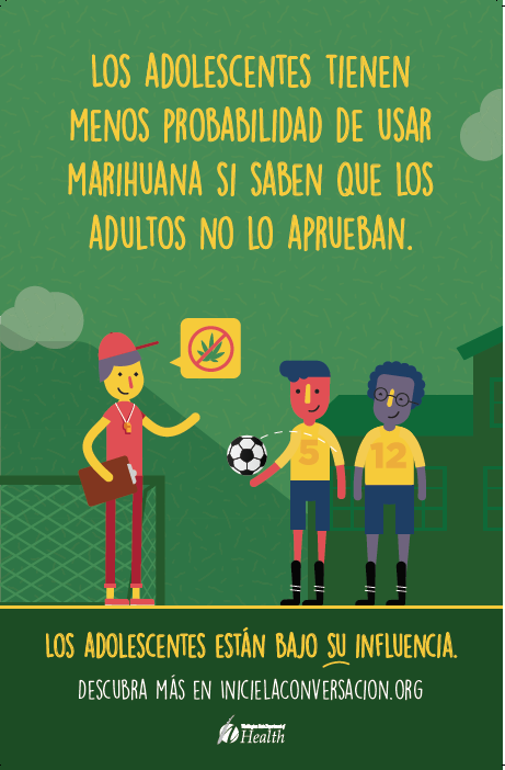 Green poster with cartoon-style illustrations of a coach and two young players. The coach has a talk bubble above their head with a cannabis leaf with a red x through it