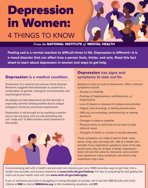 Orange, purple, and pink colored factsheet with bright illustrations of different female-presenting figures and information about depression