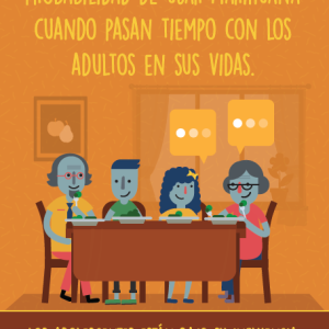 Orange poster with a colorful illustration of a cartoon-like family sitting around a dinner table. Text is in Spanish.
