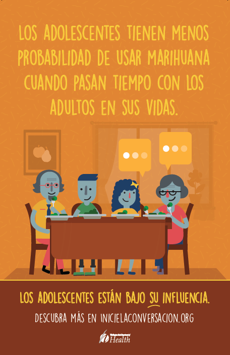 Orange poster with a colorful illustration of a cartoon-like family sitting around a dinner table. Text is in Spanish.