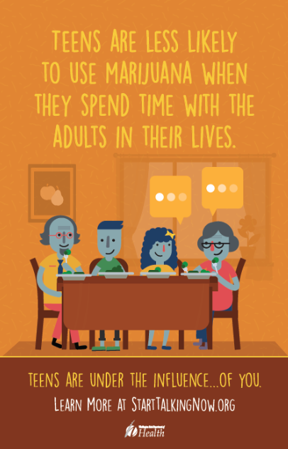 Colorful poster showing an illustration of a cartoon-like family at a dinner table on an orange background