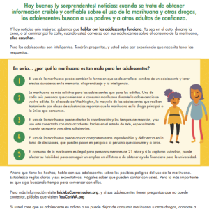 Colorful green and yellow factsheet with cartoon-style illustrations of a parent and child and facts about cannabis and youth -- in spanish