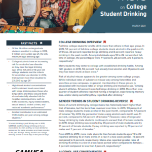Front side of the factsheet Facts on College Student drinking showing a photo of youths and text on a white background