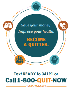 find-your-freedom Rack card for the Quitline with a white background and deep green and yellow colored icons related to health and smoking cessation