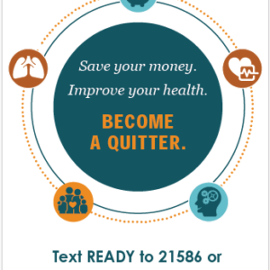 Rack card for the Quitline with a white background and deep green and yellow colored icons related to health and smoking cessation