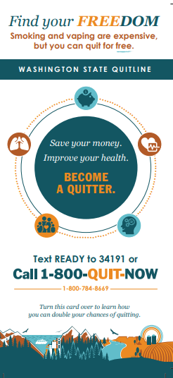 Rack card for the Quitline with a white background and deep green and yellow colored icons related to health and smoking cessation