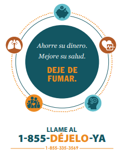 find-your-freedom-spanish Find your freedom Quitline card in Spanish with white background and colorful icons and illustrations in deep green and orange