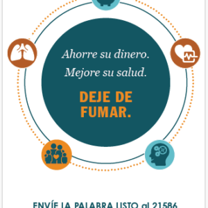 Find your freedom Quitline card in Spanish with white background and colorful icons and illustrations in deep green and orange