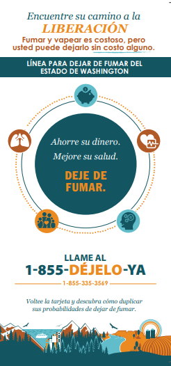 Find your freedom Quitline card in Spanish with white background and colorful icons and illustrations in deep green and orange