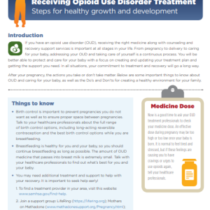 Front of the Good Care for You and Your Baby While Receiving Opioid Use Disorder Treatment factsheet, showing text on a white background with a blue header and a light blue "Things to Know" box