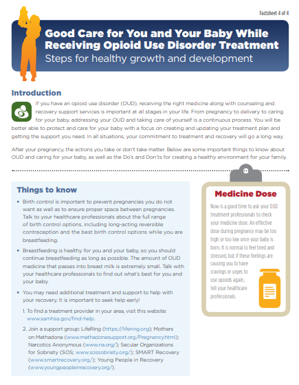 Front of the Good Care for You and Your Baby While Receiving Opioid Use Disorder Treatment factsheet, showing text on a white background with a blue header and a light blue "Things to Know" box