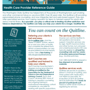 health-care-reference-guide Colorful handout with an illustrated banner of WA State things, like the Seattle skyline and some mountains and the title Health Care provider reference guide