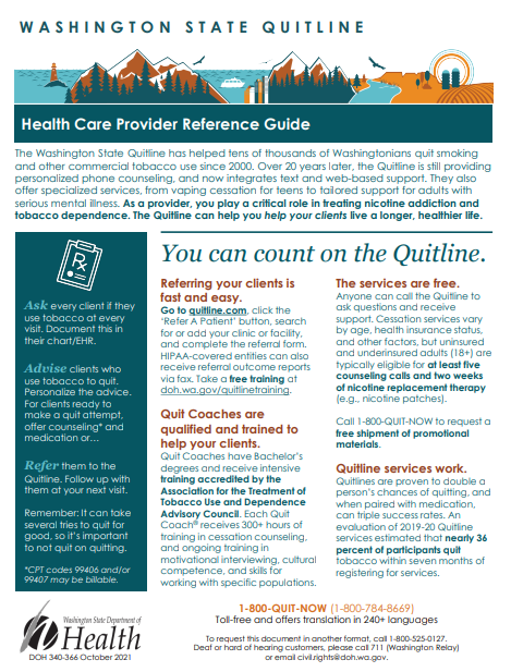 health-care-reference-guide Colorful handout with an illustrated banner of WA State things, like the Seattle skyline and some mountains and the title Health Care provider reference guide