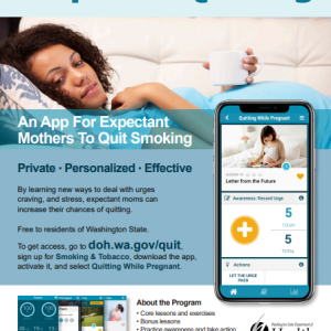 Colorful factsheet using a lot of shades of blue and showing a pregnant person of color at the top and a screenshot of the app on a smartphone, as well as text describing the app for "Help with quitting"