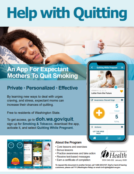 Colorful factsheet using a lot of shades of blue and showing a pregnant person of color at the top and a screenshot of the app on a smartphone, as well as text describing the app for "Help with quitting"
