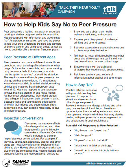 Text on a white background with some colorful illustrations, title "How to help kids say no to peer pressure"