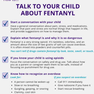 Checklist of ways to talk to your child about fentanyl on a light purple background