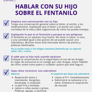 Checklist of ways to talk to your child about fentanyl on a light purple background; text is in Spanish