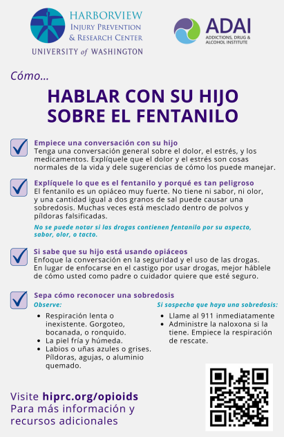 Checklist of ways to talk to your child about fentanyl on a light purple background; text is in Spanish
