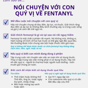 Checklist of ways to talk to your child about fentanyl on a light purple background; text is in Vietnamese