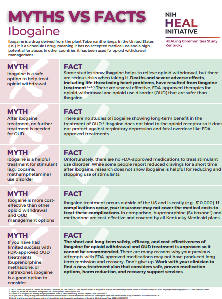 Colorful handout titled "myths vs. facts: Ibogaine" that has myths along the left and facts along the right, using shades of light purple and green
