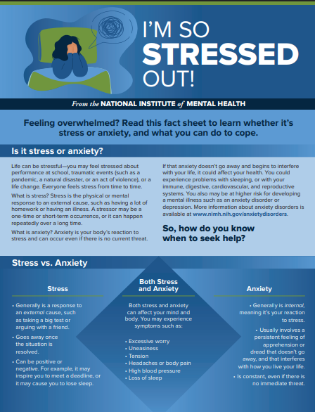 Colorful factsheet with text on a deep blue background, titled "I'm so stressed out!"
