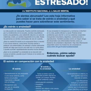 Colorful blue factsheet titled "Estoy tan estresado!" (I'm so stressed in Spanish)