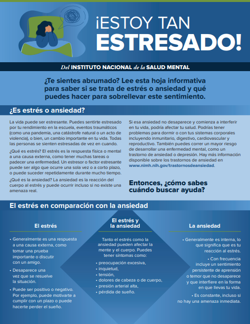 Colorful blue factsheet titled "Estoy tan estresado!" (I'm so stressed in Spanish)