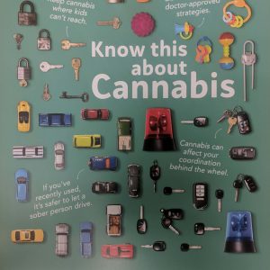 Green poster with white text that says Know this about cannabis and cut outs of various objects around it, like cars, toys, and keys