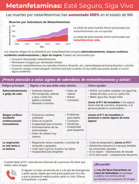 Red and purple handout about meth overdose with colorful boxes and graphs - in spanish