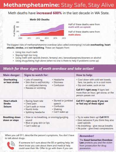 Purple and red handout about meth overdose with colorful boxes and graphs