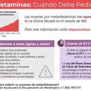 Red and purple half-sheet handout on meth overdose with colorful boxes and graphics - in Spanish