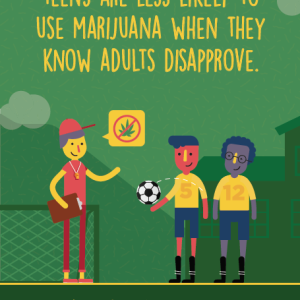 Illustrated poster on a green background showing a soccer coach and two players. The coach has a thought bubble over their head with an image of a cannabis leaf and a red line through it.