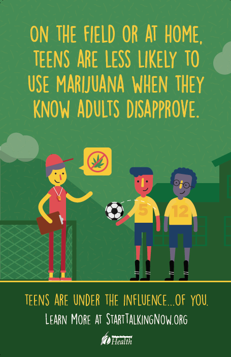 Illustrated poster on a green background showing a soccer coach and two players. The coach has a thought bubble over their head with an image of a cannabis leaf and a red line through it.