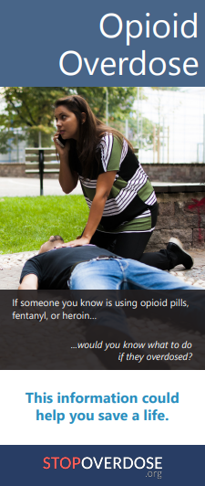 opioid-overdose-english Cover of brochure showing a woman with her hand on the chest of a man lying on the ground, phone up to her ear. Title is Opioid Overdose
