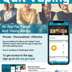 quit-vaping-app-teens Colorful factsheet with Quit Vaping at the top followed by a photo of 4 teenagers and a smartphone. Text is brief and easy to read.