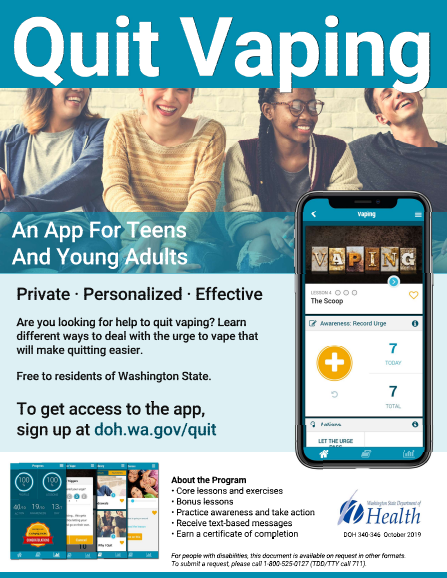 quit-vaping-app-teens Colorful factsheet with Quit Vaping at the top followed by a photo of 4 teenagers and a smartphone. Text is brief and easy to read.