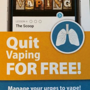 quit-vaping-free Wallet card with a photo of a smartphone screen and yellow banner with text "Quit vaping for free!"