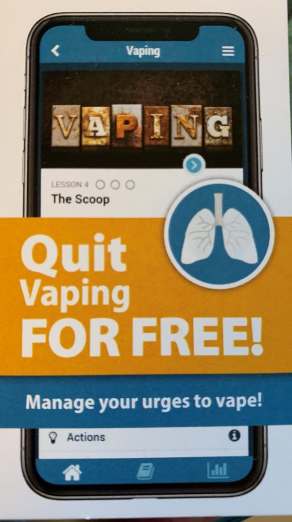 Wallet card with a photo of a smartphone screen and yellow banner with text "Quit vaping for free!"