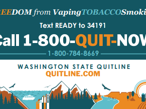 quitline-card-english-spanish Blue and orange card with illustration of mountains and the ocean and the Washington state quitline number
