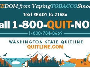 Blue and orange card with illustration of mountains and the ocean and the Washington state quitline number